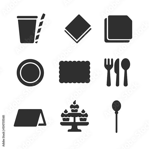 Party Table Icons. Solid, filled icons set of birthday party table settings: plastic cup, striped straw,