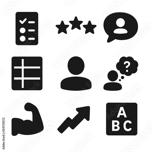 Peer Evaluation Icons. Solid, filled icons set of peer evaluation tools: feedback form, rating stars,