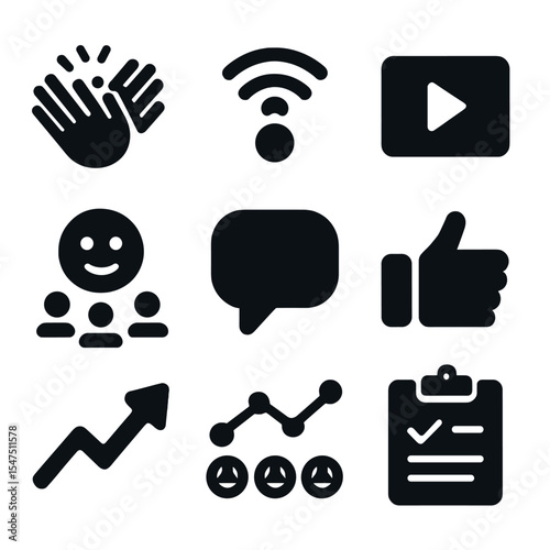 Performance Feedback Icons. Solid, filled icons set of performance feedback and analytics: clapping hands,