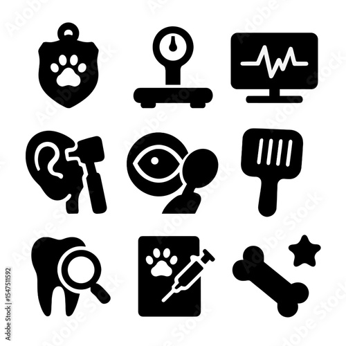 Pet Wellness Icons. Solid, filled icons set of pet wellness checkups: vet badge, weight scale, heartbeat