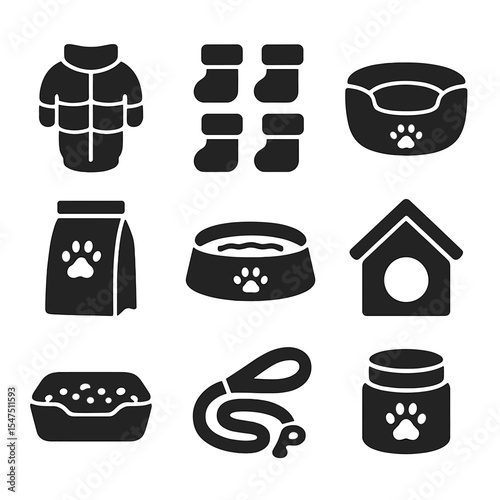 Pet Winter Supplies Icons. Solid, filled icons set of pet winter supplies: dog jacket, pet boots, warm bed,