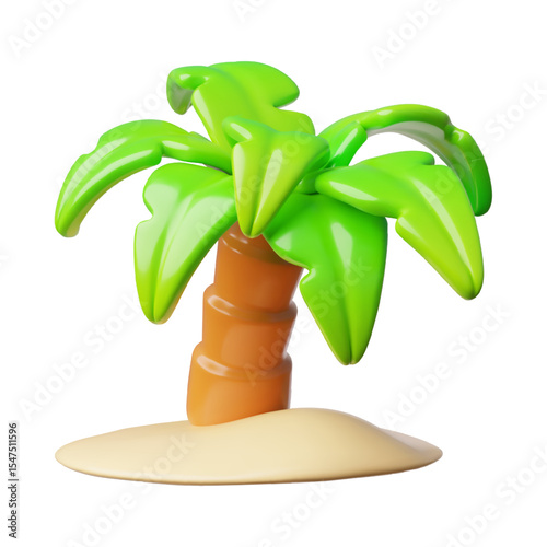 Green palm tree on sand 3D plastic style vector icon, cartoon tree plant on tropical island, summer nature vacation
