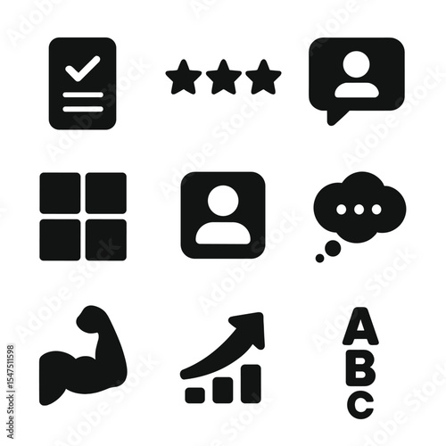 Peer Evaluation Icons. Solid, filled icons set of peer evaluation tools: feedback form, rating stars,
