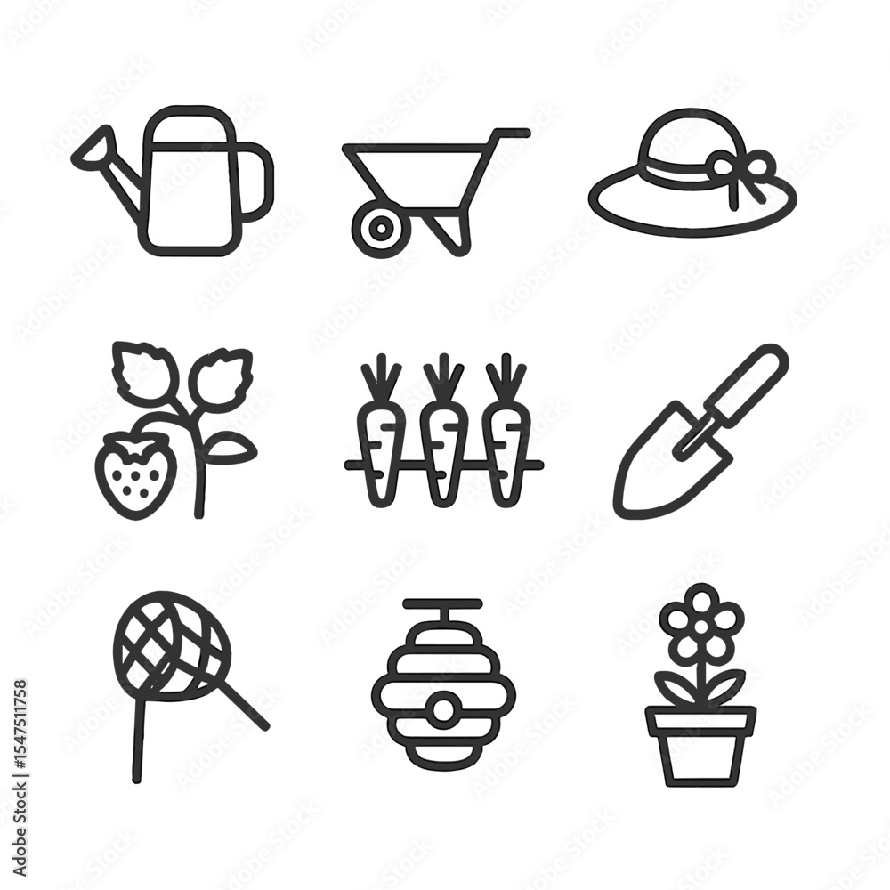 Fototapeta premium Garden Icon Set. Outline icon set of garden play shoots: watering can, wheelbarrow, sun hat, strawberry plant, carrot patch,