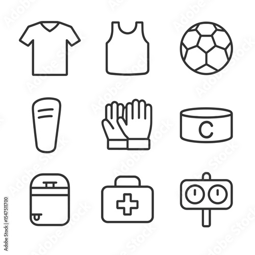 Game Day Essentials Icons. Outline icon set of game-day equipment: team jersey, training bib, match ball, shin guard, goalkeeper