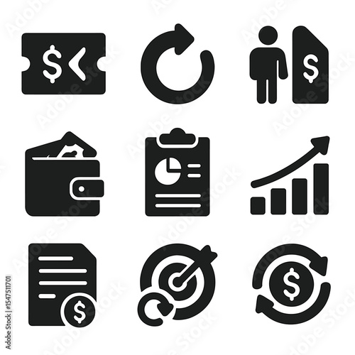 Post-Holiday Finance Icons. Solid, filled icons set of post-holiday financial recovery: refund ticket, return