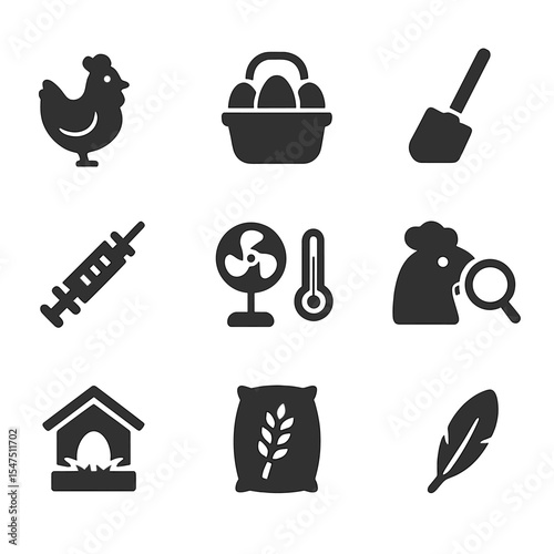 Poultry Health Icons. Solid, filled icons set of poultry health monitoring: chicken icon, egg basket, coop