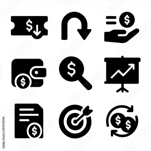 Post-Holiday Finance Icons. Solid, filled icons set of post-holiday financial recovery: refund ticket, return