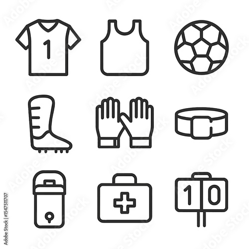 Game Day Essentials Icons. Outline icon set of game-day equipment: team jersey, training bib, match ball, shin guard, goalkeeper