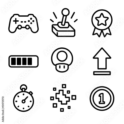 Gaming Icon Set. Outline icon set of gaming excitement: game controller, joystick burst, achievement badge, health bar full, power