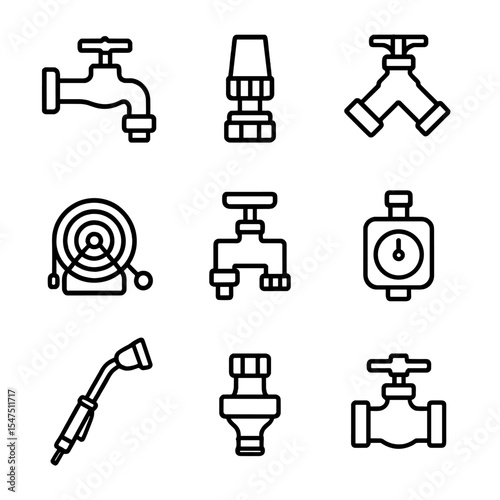 Garden Hose Connectors. Outline icon set of garden hose connections: hose bibb, quick-connect nozzle, Y-splitter, hose reel,