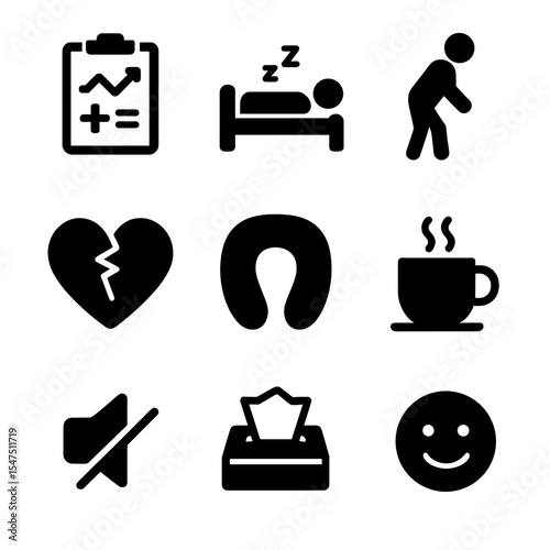 Post-Surgery Icon Grid. Solid, filled icons set of post-surgery visit essentials: recovery chart, rest icon,