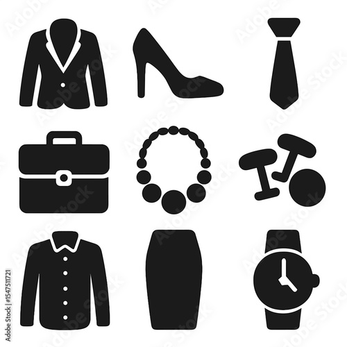 Power Dressing Icons. Solid, filled icons set of power dressing: tailored blazer, high heel, necktie,