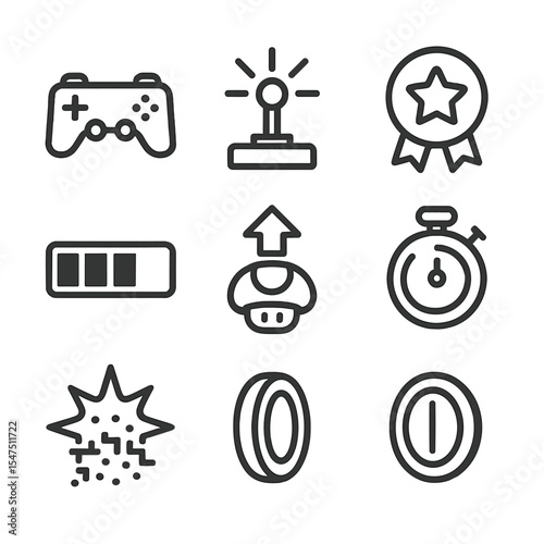 Gaming Icon Set. Outline icon set of gaming excitement: game controller, joystick burst, achievement badge, health bar full, power
