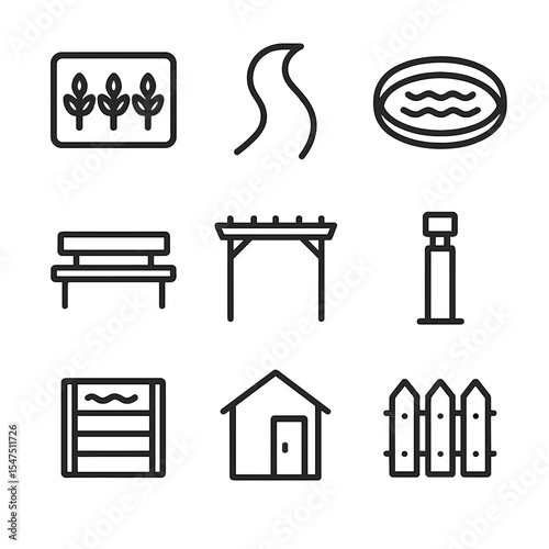 Garden Design Icon Set. Outline icon set of garden design schemes: planting bed outline, pathway curve, water feature, seating