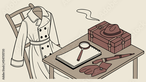 Detective desk with investigation tools magnifying glass notebook pen gloves hat briefcase trench coat Mystery crime private investigator spy