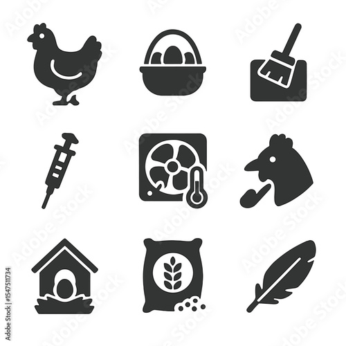 Poultry Health Icons. Solid, filled icons set of poultry health monitoring: chicken icon, egg basket, coop