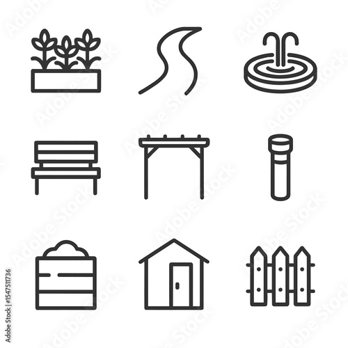 Garden Design Icon Set. Outline icon set of garden design schemes: planting bed outline, pathway curve, water feature, seating