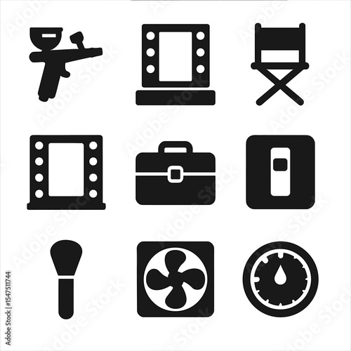 Professional Makeup Icons. Solid, filled icons set of professional makeup tools: airbrush gun, studio light