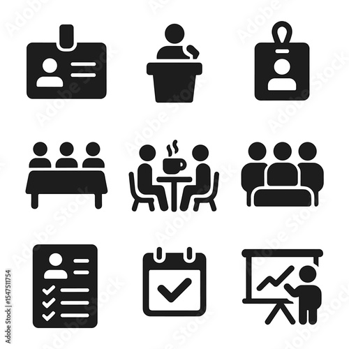 Professional Networking Icons. Solid, filled icons set of professional networking events: name badge, speaker