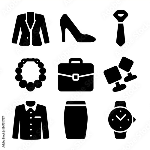 Power Dressing Icons. Solid, filled icons set of power dressing: tailored blazer, high heel, necktie,
