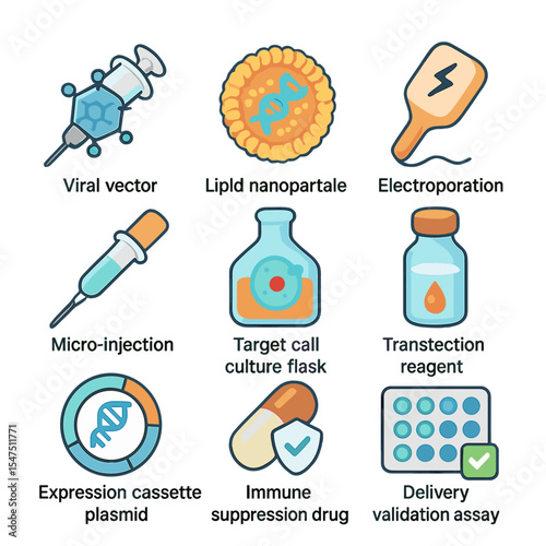 Gene Therapy Icons. Isometric Flat icon set of gene therapy delivery methods: viral vector syringe, lipid nanoparticle,