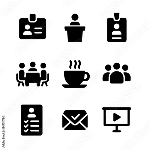 Professional Networking Icons. Solid, filled icons set of professional networking events: name badge, speaker