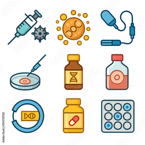 Gene Therapy Icons. Isometric Flat icon set of gene therapy delivery methods: viral vector syringe, lipid nanoparticle,