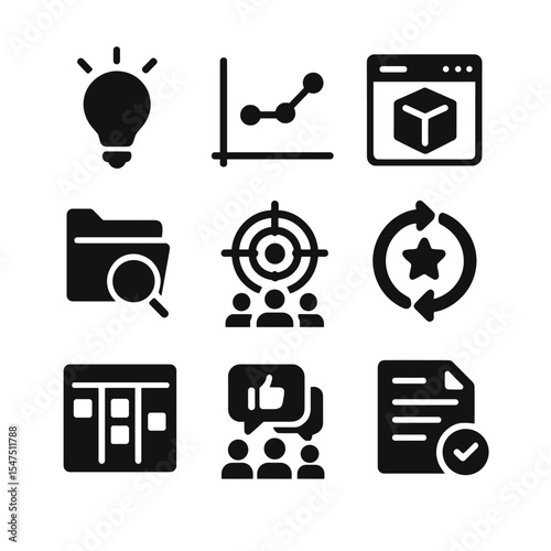 Project Learning Icons Grid. Solid, filled icons set of project-based learning: idea bulb, timeline chart,