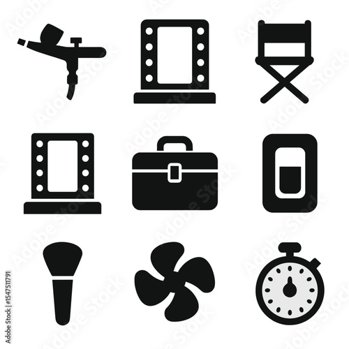 Professional Makeup Icons. Solid, filled icons set of professional makeup tools: airbrush gun, studio light