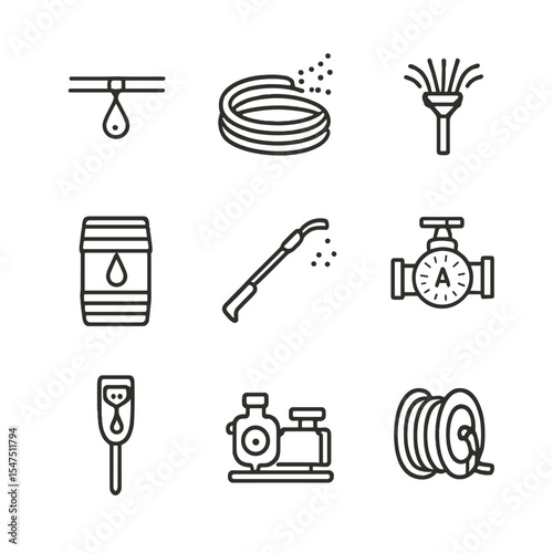 Garden Watering Icons. Outline icon set of watering systems: drip line, soaker hose, sprinkler head, rain barrel, watering wand,