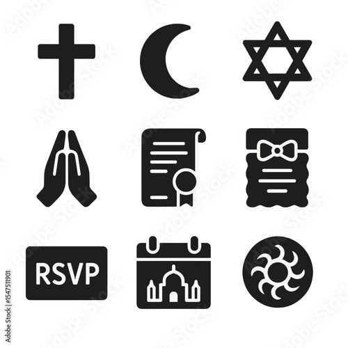 Religious Celebration Icons. Solid, filled icons set of religious celebration invites: cross icon, crescent