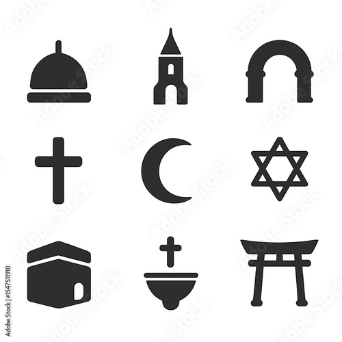 Religious Icons Grid. Solid, filled icons set of religious architecture and symbols: dome icon, steeple,