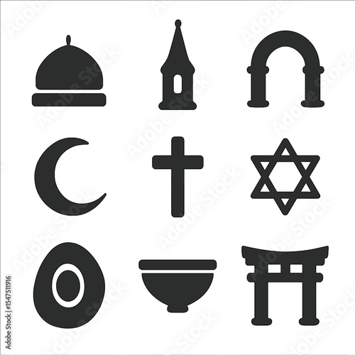 Religious Icons Grid. Solid, filled icons set of religious architecture and symbols: dome icon, steeple,