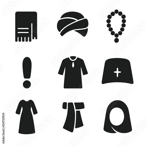 Religious Icon Set. Solid, filled icons set of traditional religious clothing and items: prayer shawl, turban