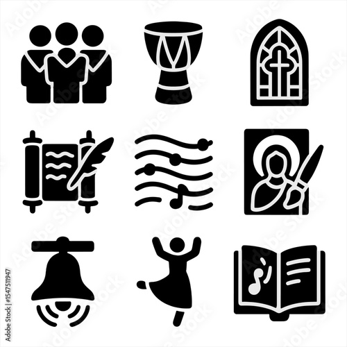 Religious Music and Art Icons. Solid, filled icons set of music and art in religious life: choir group, sacred