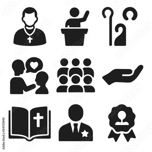 Religious Leadership Icons. Solid, filled icons set of religious leadership and guidance: clergy icon, sermon