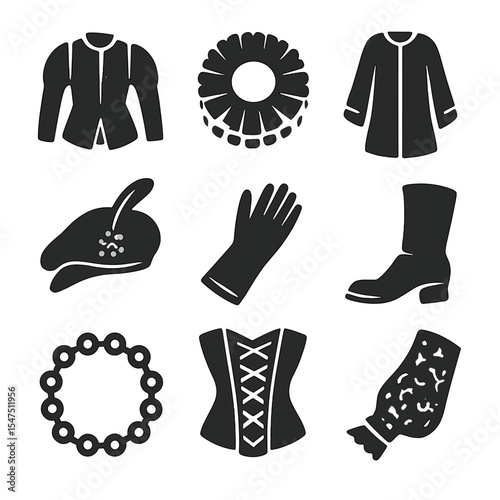 Renaissance Fashion Icons. Solid, filled icons set of Renaissance fashion and costume: doublet, ruffled collar