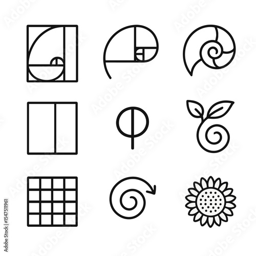 Golden Ratio Icons. Outline icon set of golden ratio composition: spiral overlay, Fibonacci spiral, nautilus shell, golden