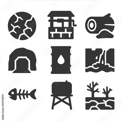 Icons of Resource Depletion. Solid, filled icons set of natural resource depletion: cracked earth, dry well,