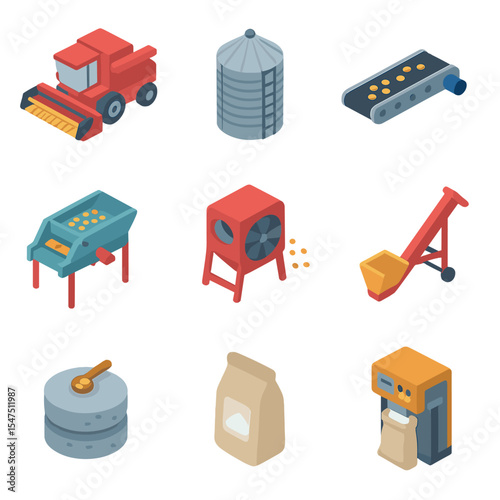 Grain Processing Icons. Isometric Flat icon set of grain processing: threshing machine, grain silo, conveyor belt, seed cleaner,