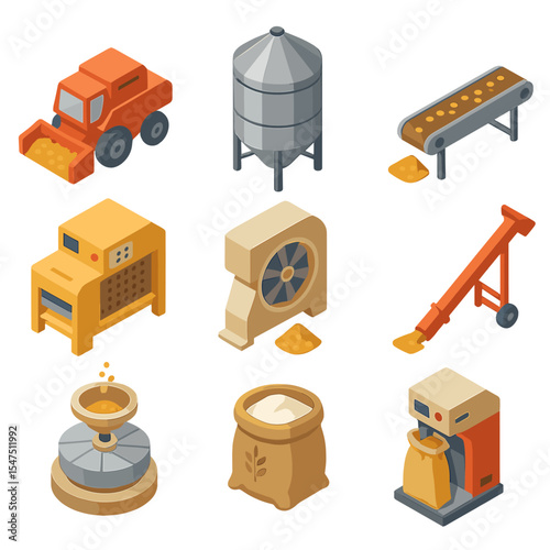 Grain Processing Icons. Isometric Flat icon set of grain processing: threshing machine, grain silo, conveyor belt, seed cleaner,