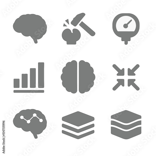 Gray Matter Icons. Flat icon set of gray matter reduction: gray cortex region, chip away icon, thickness gauge, bar graph, cortex