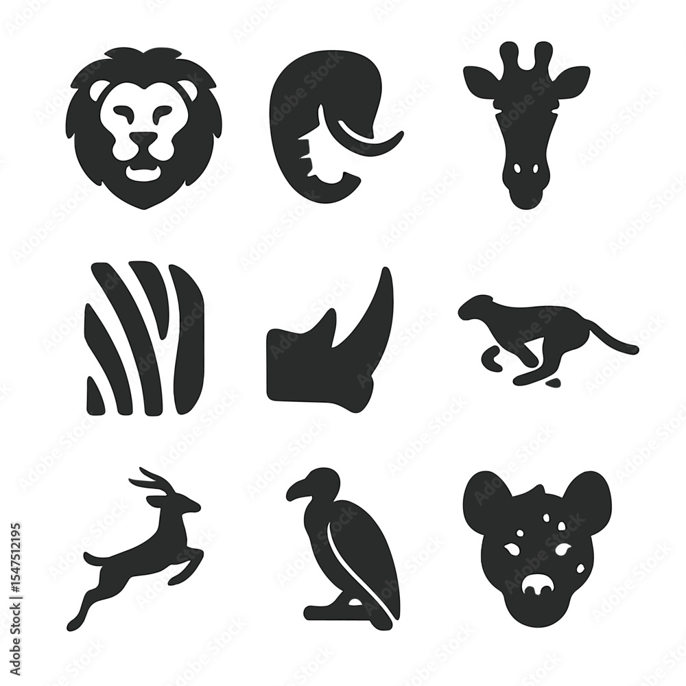 Obraz premium Savanna Wildlife Icons. Solid, filled icons set of African savanna wildlife: lion icon, elephant trunk,