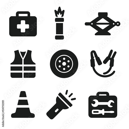 Roadside Emergency Essentials. Solid, filled icons set of emergency roadside tools: first aid kit, warning