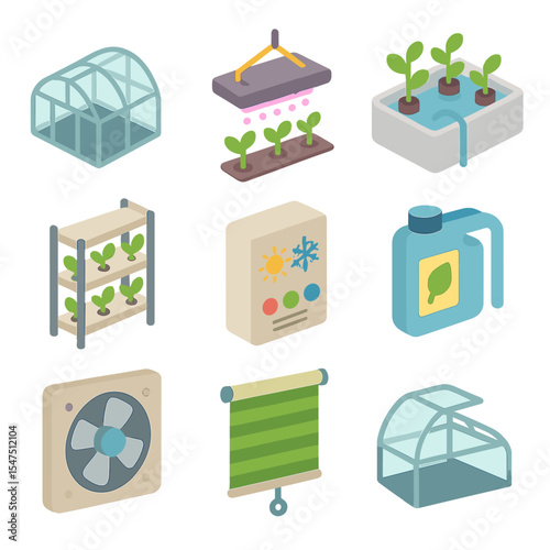Greenhouse Farming Icons. Isometric Flat icon set of greenhouse and controlled environment agriculture: greenhouse frame, LED grow