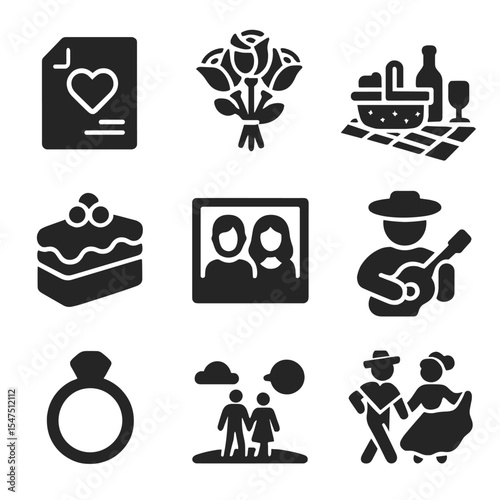 Romantic Gesture Icons. Solid, filled icons set of romantic gestures across regions: handwritten note, rose