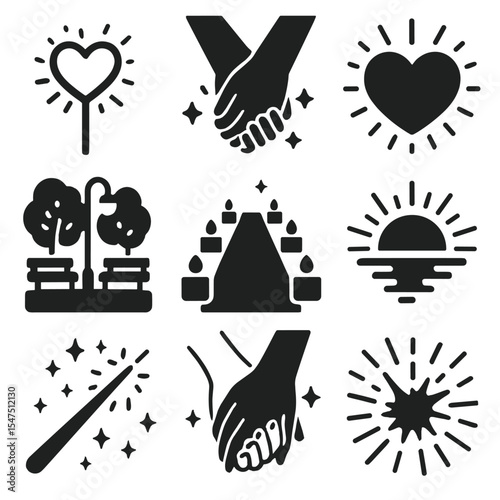 Romantic Spark Icons. Solid, filled icons set of romantic spark moments: heart sparkler, couple hands, glowing