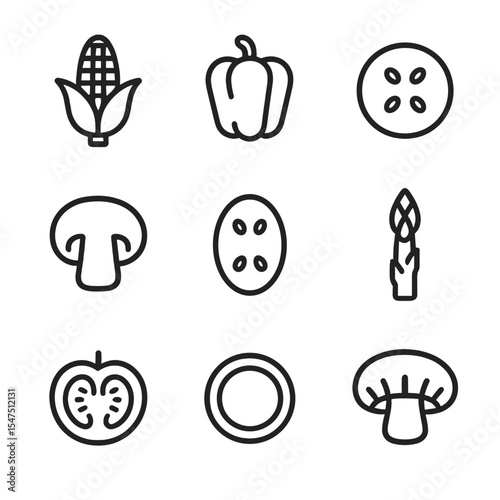 Grilled Veggie Icons. Outline icon set of grilling vegetables: corn cob, bell pepper, zucchini slice, mushroom, eggplant slice,