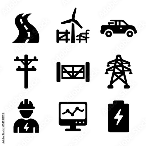 Rural Energy Icon Set. Solid, filled icons set of rural energy infrastructure: dirt road, turbine fence,